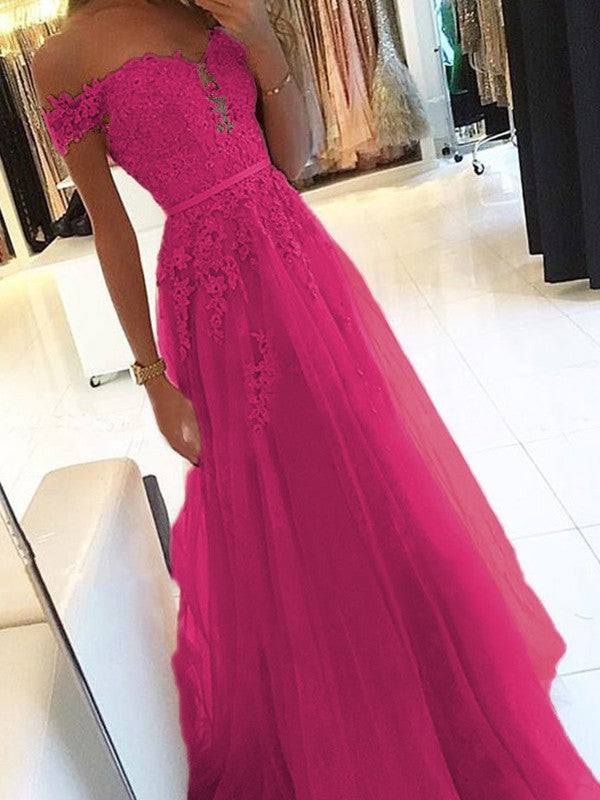 A-Line Off-the-Shoulder Sleeveless Floor-Length With Applique Tulle Prom Dress