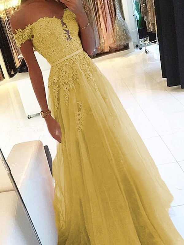 A-Line Off-the-Shoulder Sleeveless Floor-Length With Applique Tulle Prom Dress