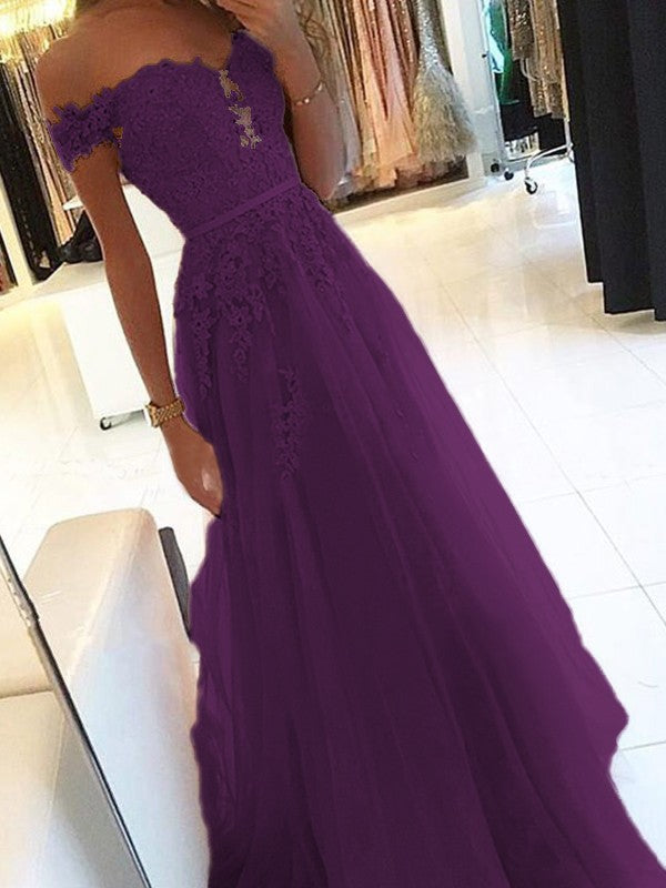 A-Line Off-the-Shoulder Sleeveless Floor-Length With Applique Tulle Prom Dress
