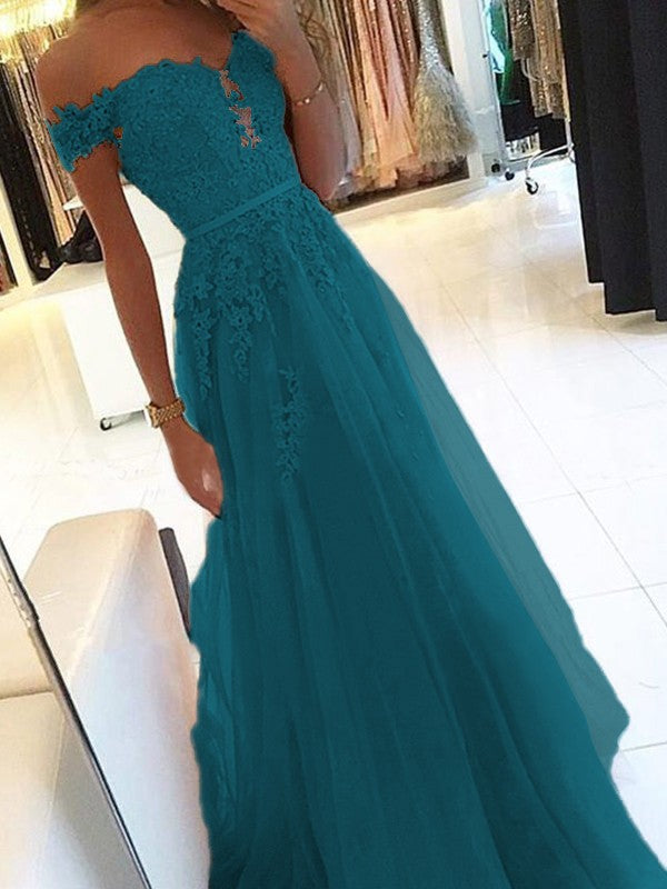 A-Line Off-the-Shoulder Sleeveless Floor-Length With Applique Tulle Prom Dress
