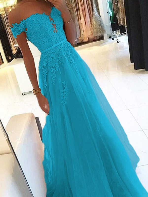 A-Line Off-the-Shoulder Sleeveless Floor-Length With Applique Tulle Prom Dress