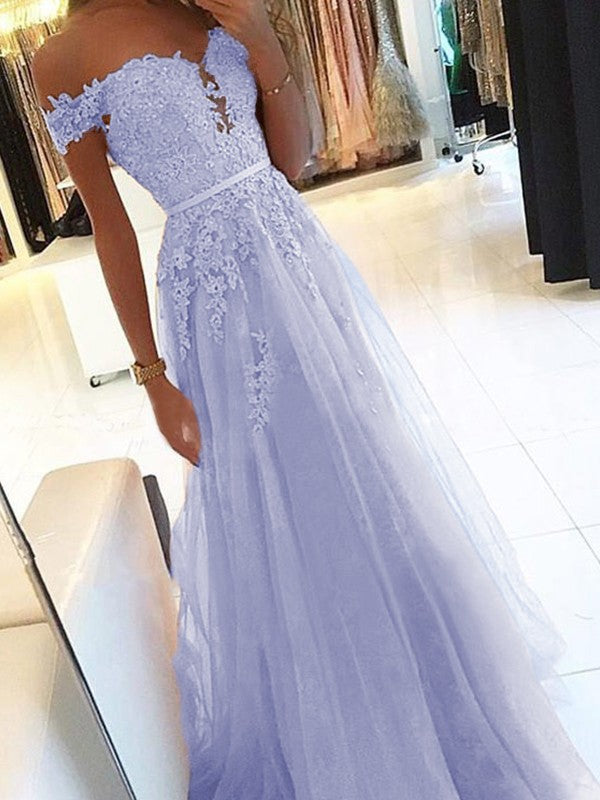 A-Line Off-the-Shoulder Sleeveless Floor-Length With Applique Tulle Prom Dress