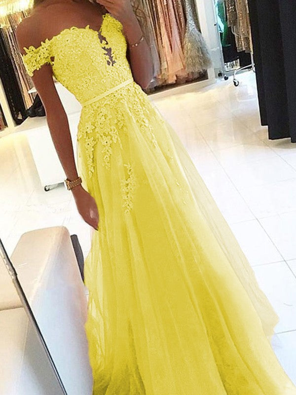 A-Line Off-the-Shoulder Sleeveless Floor-Length With Applique Tulle Prom Dress