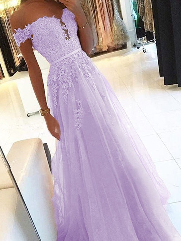 A-Line Off-the-Shoulder Sleeveless Floor-Length With Applique Tulle Prom Dress