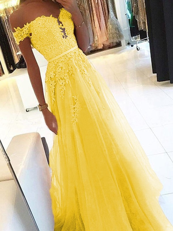 A-Line Off-the-Shoulder Sleeveless Floor-Length With Applique Tulle Prom Dress