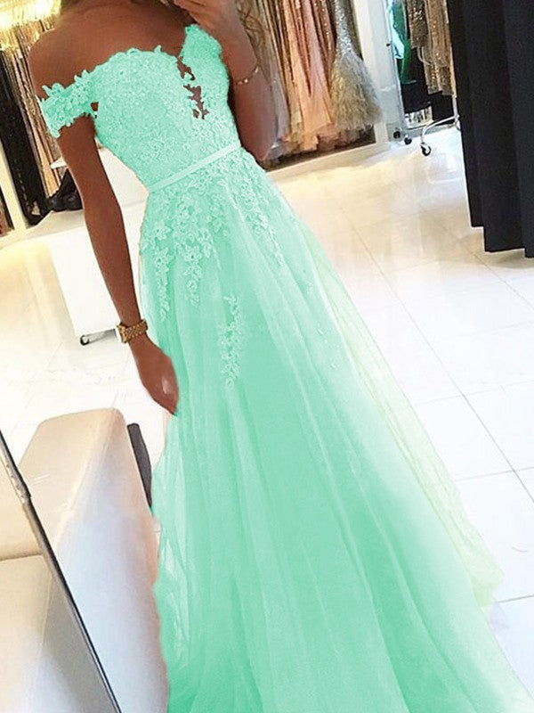 A-Line Off-the-Shoulder Sleeveless Floor-Length With Applique Tulle Prom Dress