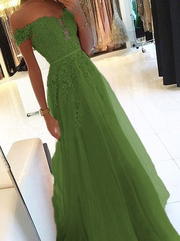 A-Line Off-the-Shoulder Sleeveless Floor-Length With Applique Tulle Prom Dress