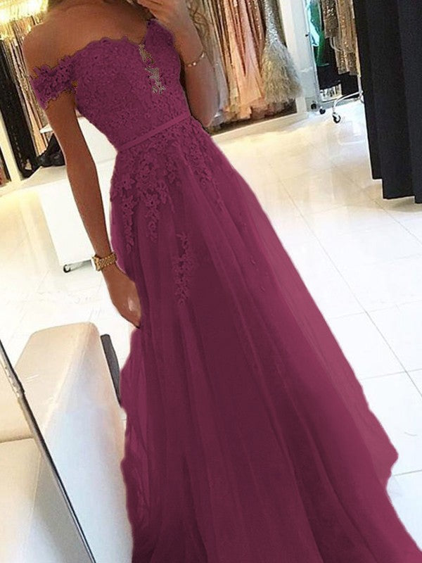 A-Line Off-the-Shoulder Sleeveless Floor-Length With Applique Tulle Prom Dress