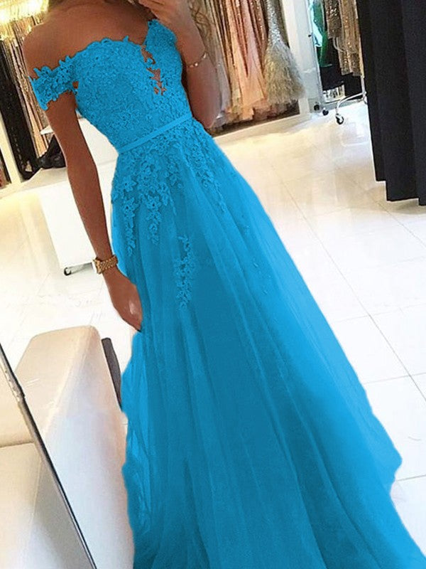 A-Line Off-the-Shoulder Sleeveless Floor-Length With Applique Tulle Prom Dress