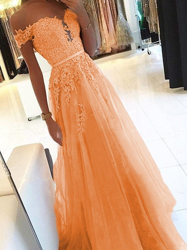 A-Line Off-the-Shoulder Sleeveless Floor-Length With Applique Tulle Prom Dress