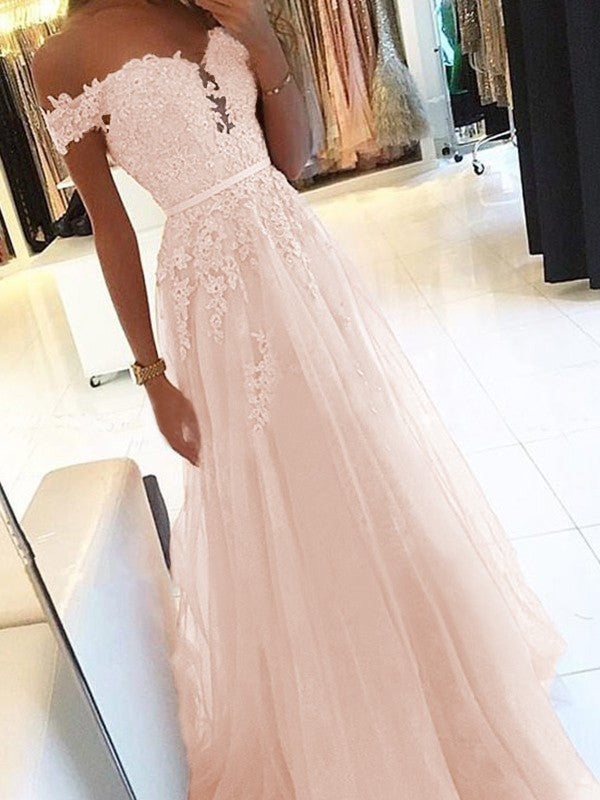 A-Line Off-the-Shoulder Sleeveless Floor-Length With Applique Tulle Prom Dress