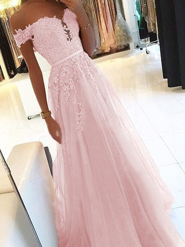 A-Line Off-the-Shoulder Sleeveless Floor-Length With Applique Tulle Prom Dress