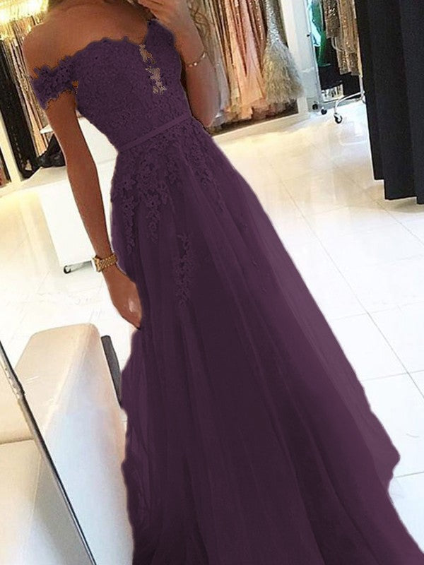 A-Line Off-the-Shoulder Sleeveless Floor-Length With Applique Tulle Prom Dress
