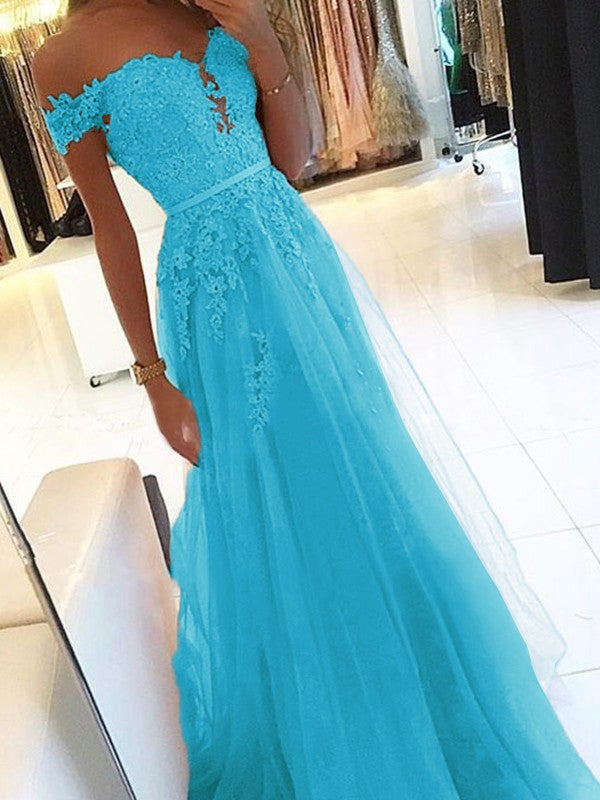 A-Line Off-the-Shoulder Sleeveless Floor-Length With Applique Tulle Prom Dress