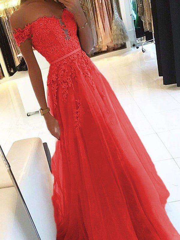 A-Line Off-the-Shoulder Sleeveless Floor-Length With Applique Tulle Prom Dress