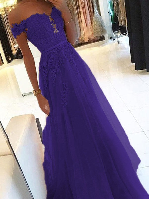 A-Line Off-the-Shoulder Sleeveless Floor-Length With Applique Tulle Prom Dress