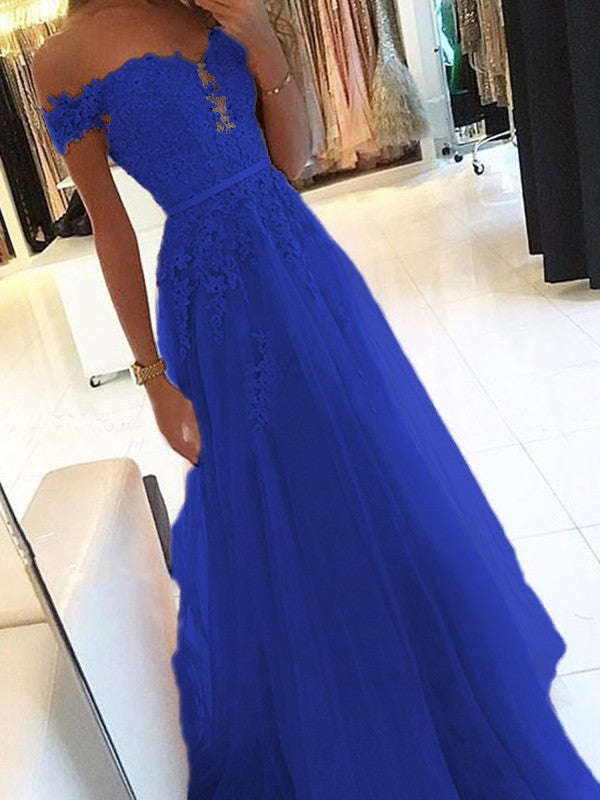 A-Line Off-the-Shoulder Sleeveless Floor-Length With Applique Tulle Prom Dress