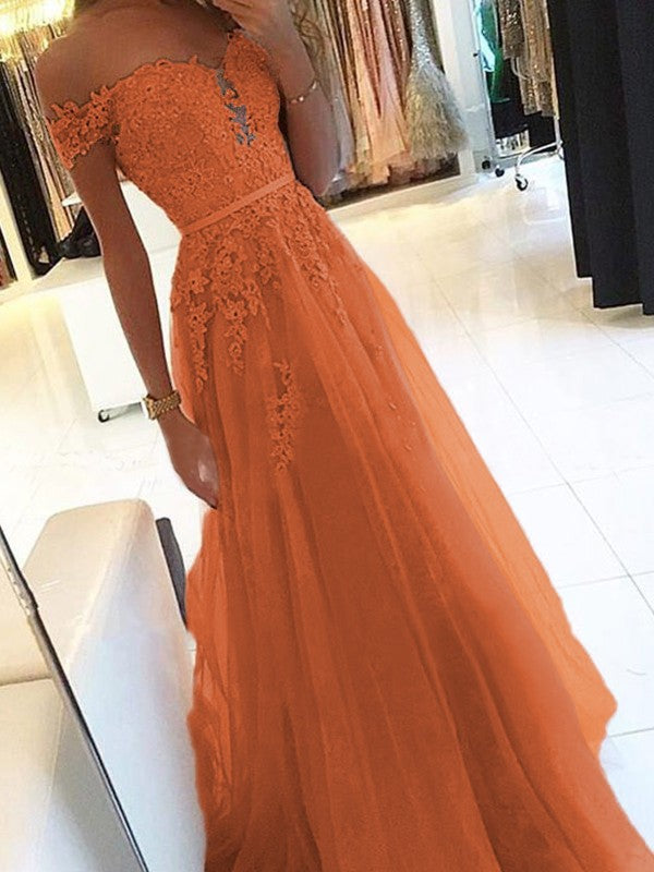 A-Line Off-the-Shoulder Sleeveless Floor-Length With Applique Tulle Prom Dress