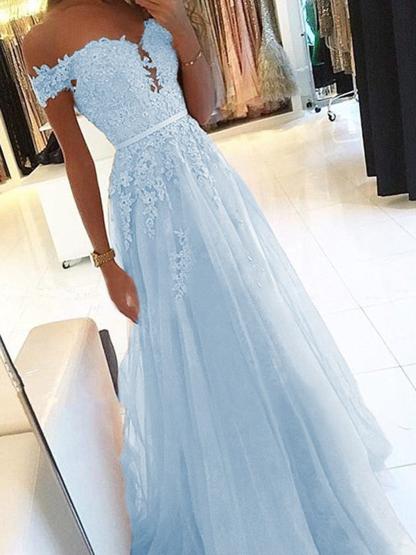 A-Line Off-the-Shoulder Sleeveless Floor-Length With Applique Tulle Prom Dress