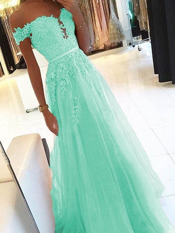A-Line Off-the-Shoulder Sleeveless Floor-Length With Applique Tulle Prom Dress