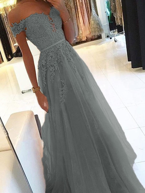 A-Line Off-the-Shoulder Sleeveless Floor-Length With Applique Tulle Prom Dress