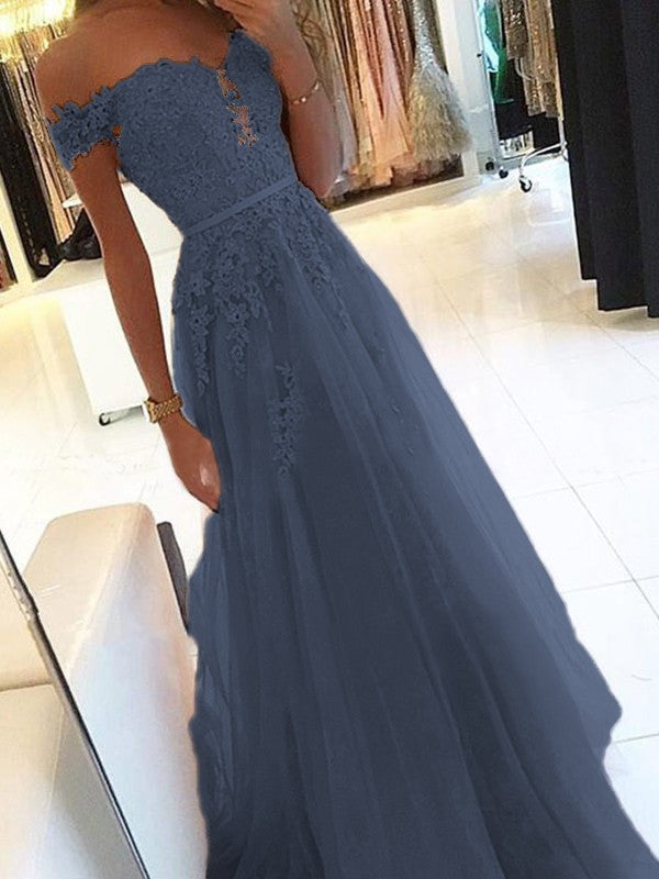 A-Line Off-the-Shoulder Sleeveless Floor-Length With Applique Tulle Prom Dress