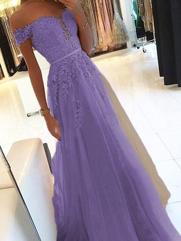A-Line Off-the-Shoulder Sleeveless Floor-Length With Applique Tulle Prom Dress
