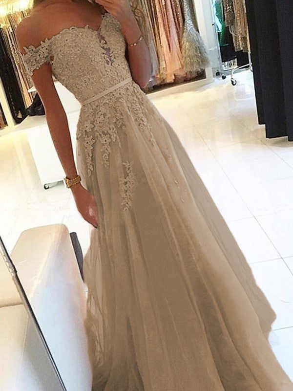 A-Line Off-the-Shoulder Sleeveless Floor-Length With Applique Tulle Prom Dress
