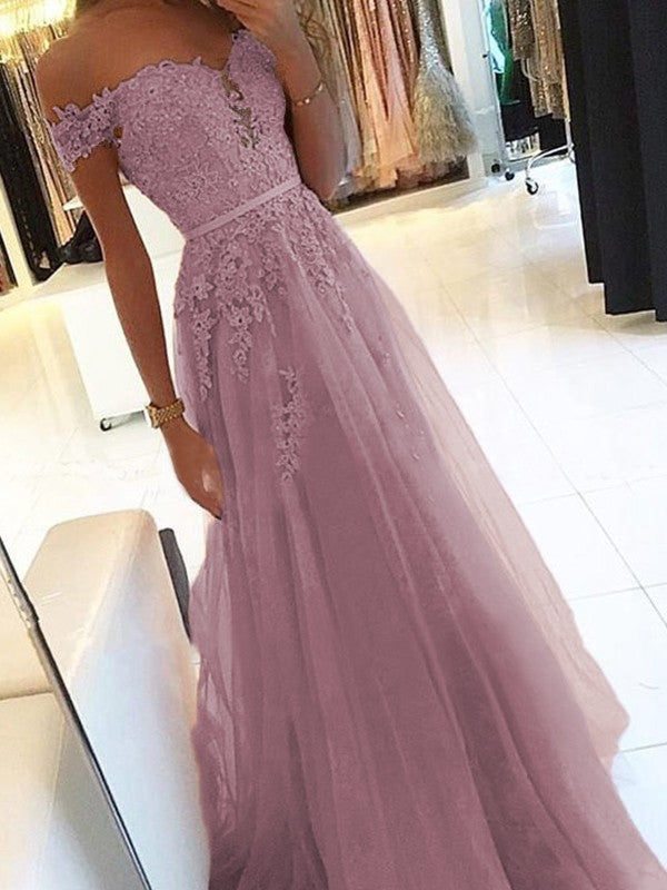 A-Line Off-the-Shoulder Sleeveless Floor-Length With Applique Tulle Prom Dress