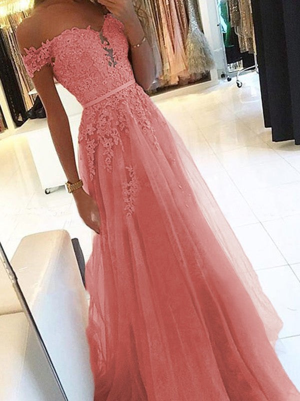 A-Line Off-the-Shoulder Sleeveless Floor-Length With Applique Tulle Prom Dress