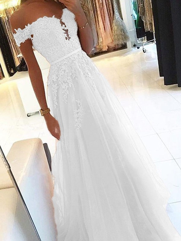 A-Line Off-the-Shoulder Sleeveless Floor-Length With Applique Tulle Prom Dress