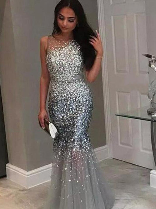 Mermaid Jewel Sleeveless Sweep/Brush Train Sequins Prom Dress