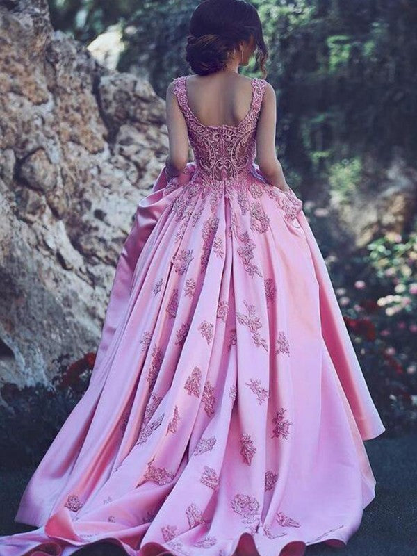 A-Line Sweetheart Sleeveless Sweep/Brush Train With Applique Satin Prom Dress