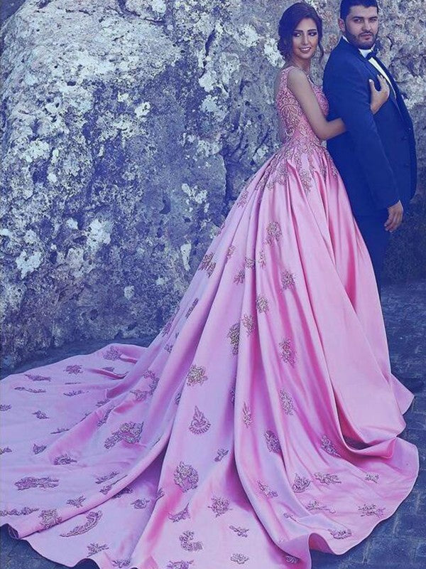 A-Line Sweetheart Sleeveless Sweep/Brush Train With Applique Satin Prom Dress