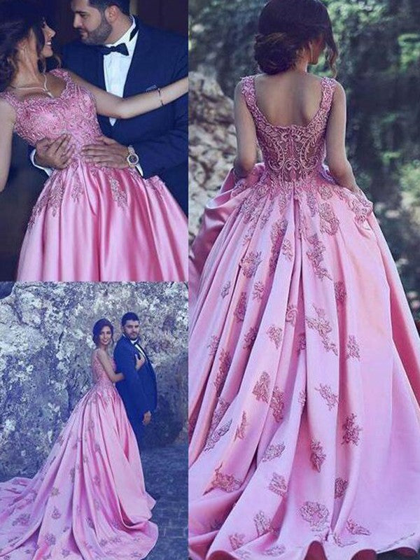 A-Line Sweetheart Sleeveless Sweep/Brush Train With Applique Satin Prom Dress