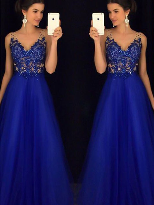 A-Line V-neck Sleeveless Floor-Length With Applique Tulle Prom Dress