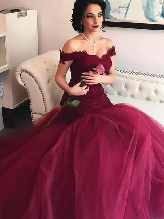 Mermaid Off-the-Shoulder Sleeveless Floor-Length Lace Tulle Prom Dress