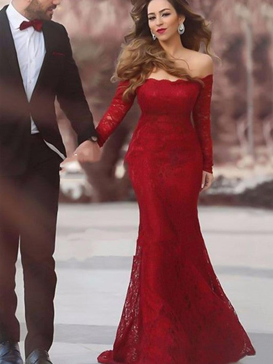 Mermaid Off-the-Shoulder Long Sleeves Sweep/Brush Train With Ruffles Lace Prom Dress