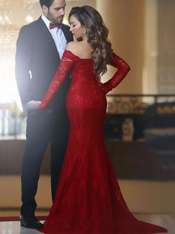 Mermaid Off-the-Shoulder Long Sleeves Sweep/Brush Train With Ruffles Lace Prom Dress