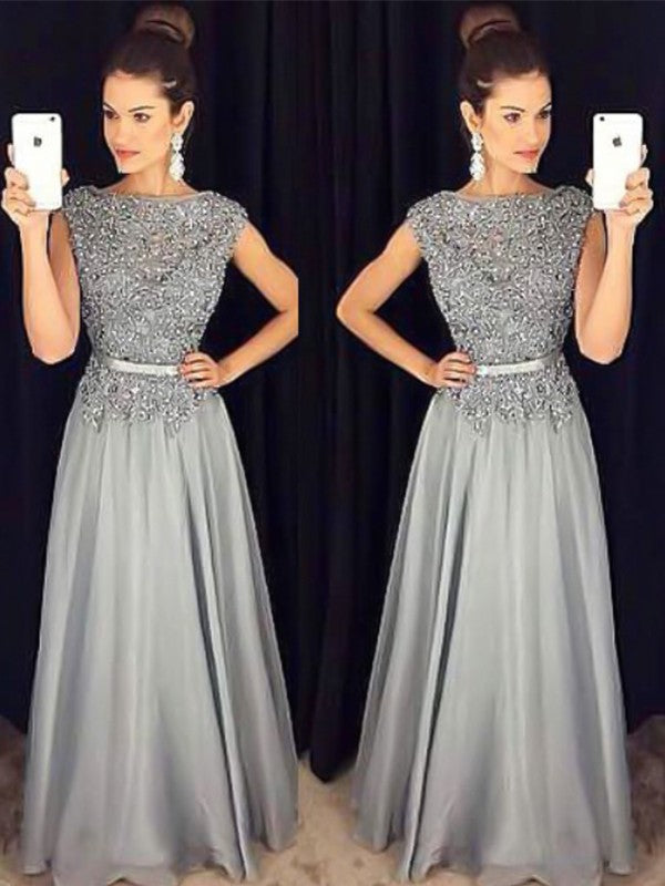 A-Line Bateau Sleeveless Floor-Length With Applique Chiffon Prom Dress