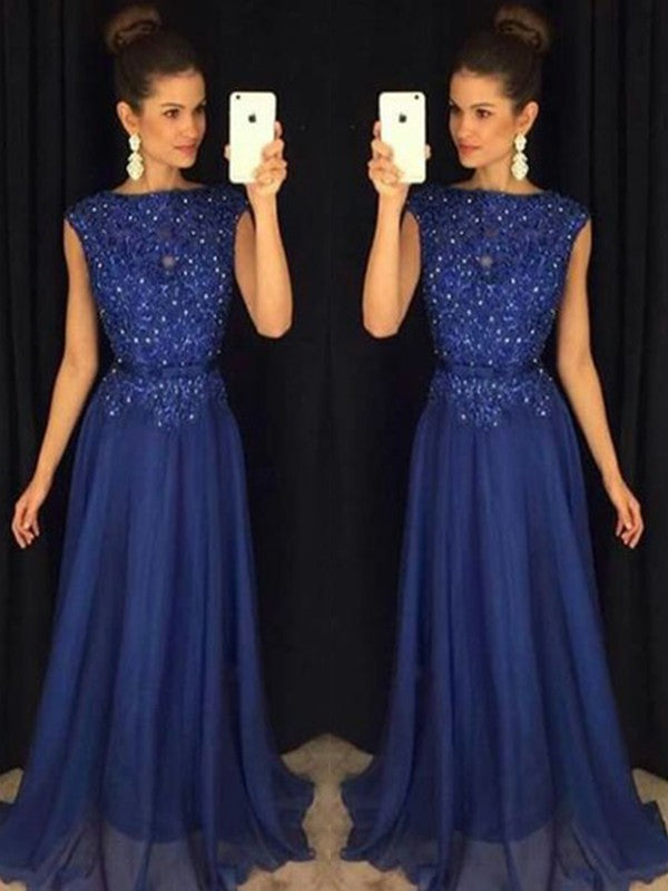 A-Line Bateau Sleeveless Floor-Length With Applique Chiffon Prom Dress