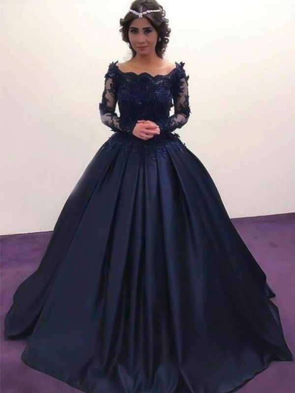 Ball Gown Bateau Long Sleeves Sweep/Brush Train With Applique Satin Prom Dress