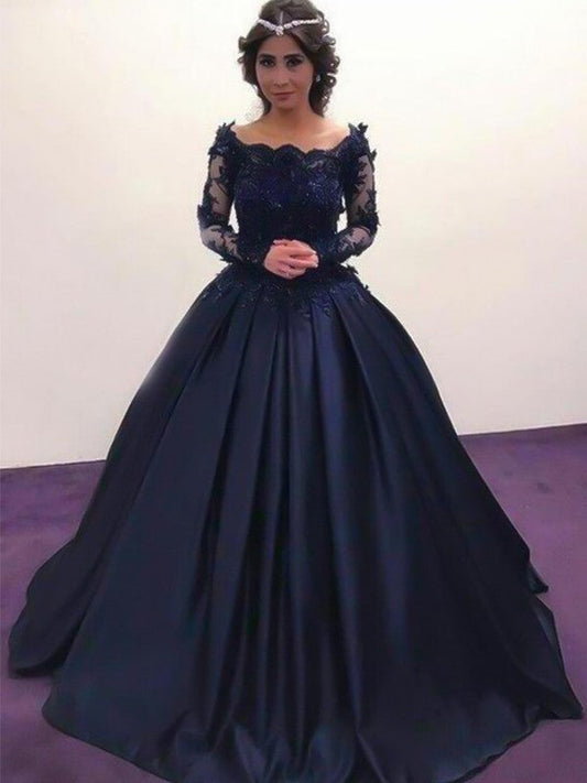 Ball Gown Bateau Long Sleeves Sweep/Brush Train With Applique Satin Prom Dress