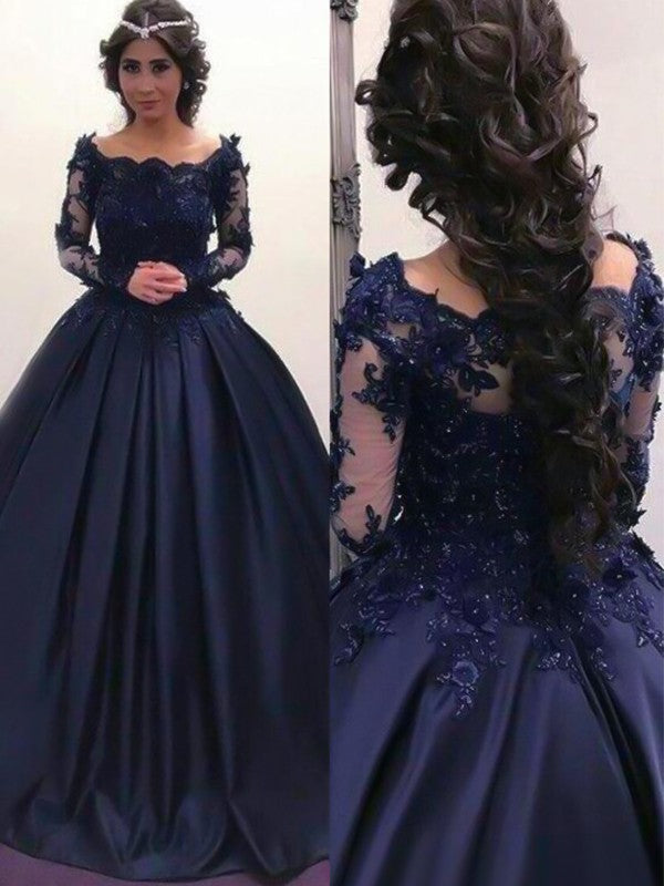 Ball Gown Bateau Long Sleeves Sweep/Brush Train With Applique Satin Prom Dress