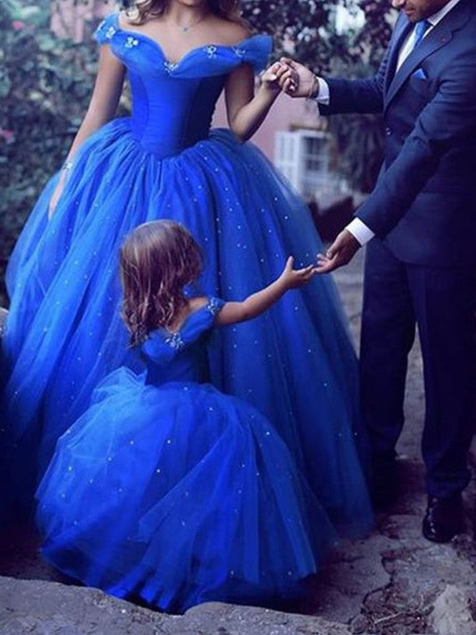 Ball Gown Off-the-Shoulder Sleeveless Floor-Length With Beading Tulle Prom Dress