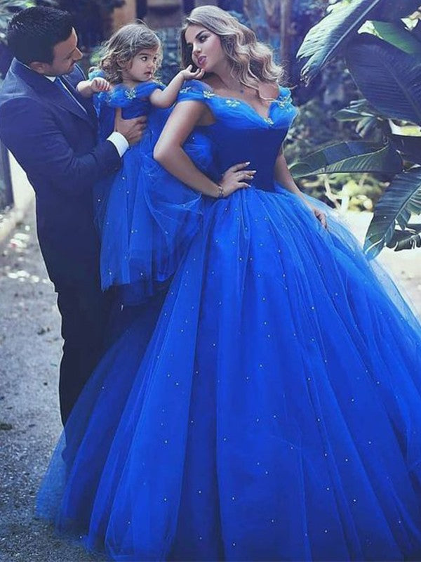 Ball Gown Off-the-Shoulder Sleeveless Floor-Length With Beading Tulle Prom Dress