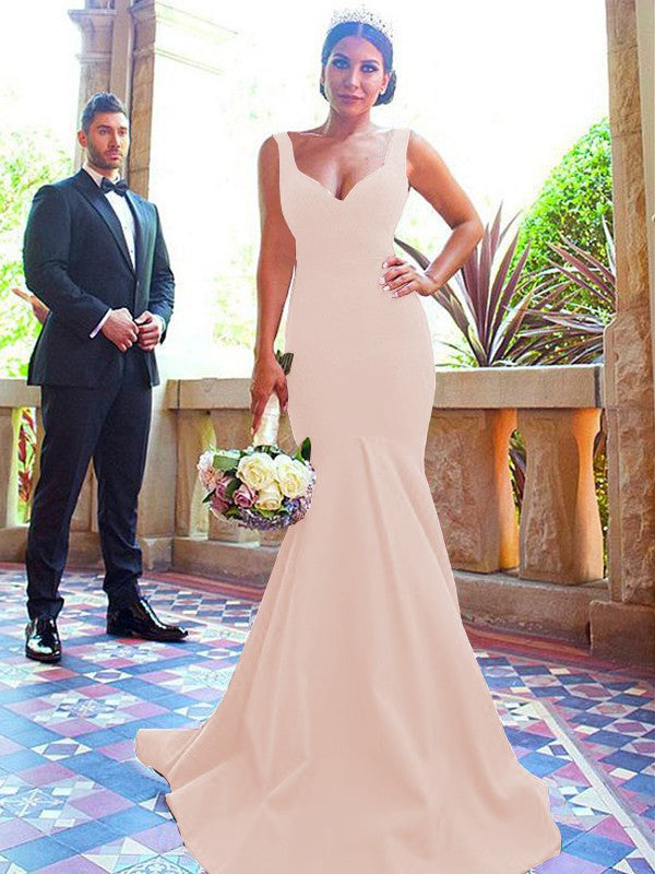 Mermaid V-neck Sleeveless Sweep/Brush Train With Ruffles Stretch Crepe Bridesmaid Dresses