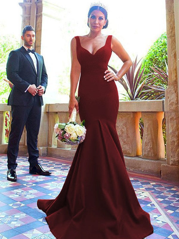 Mermaid V-neck Sleeveless Sweep/Brush Train With Ruffles Stretch Crepe Bridesmaid Dresses