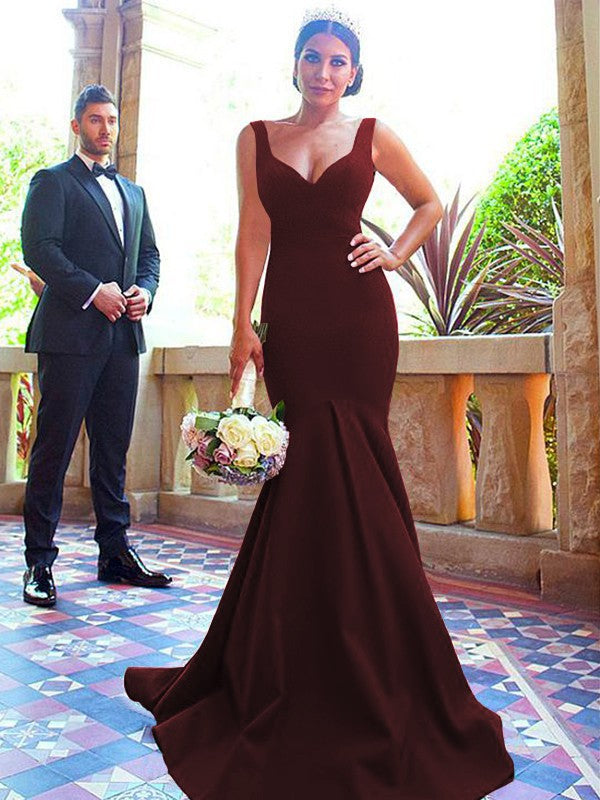 Mermaid V-neck Sleeveless Sweep/Brush Train With Ruffles Stretch Crepe Bridesmaid Dresses