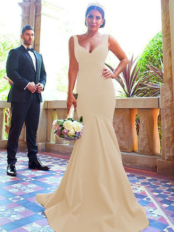 Mermaid V-neck Sleeveless Sweep/Brush Train With Ruffles Stretch Crepe Bridesmaid Dresses